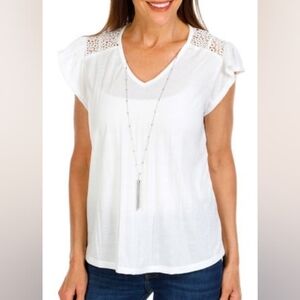 Max Studio London White Crinkle Peasant Blouse V Neck Embroidered Lace Trim 1X